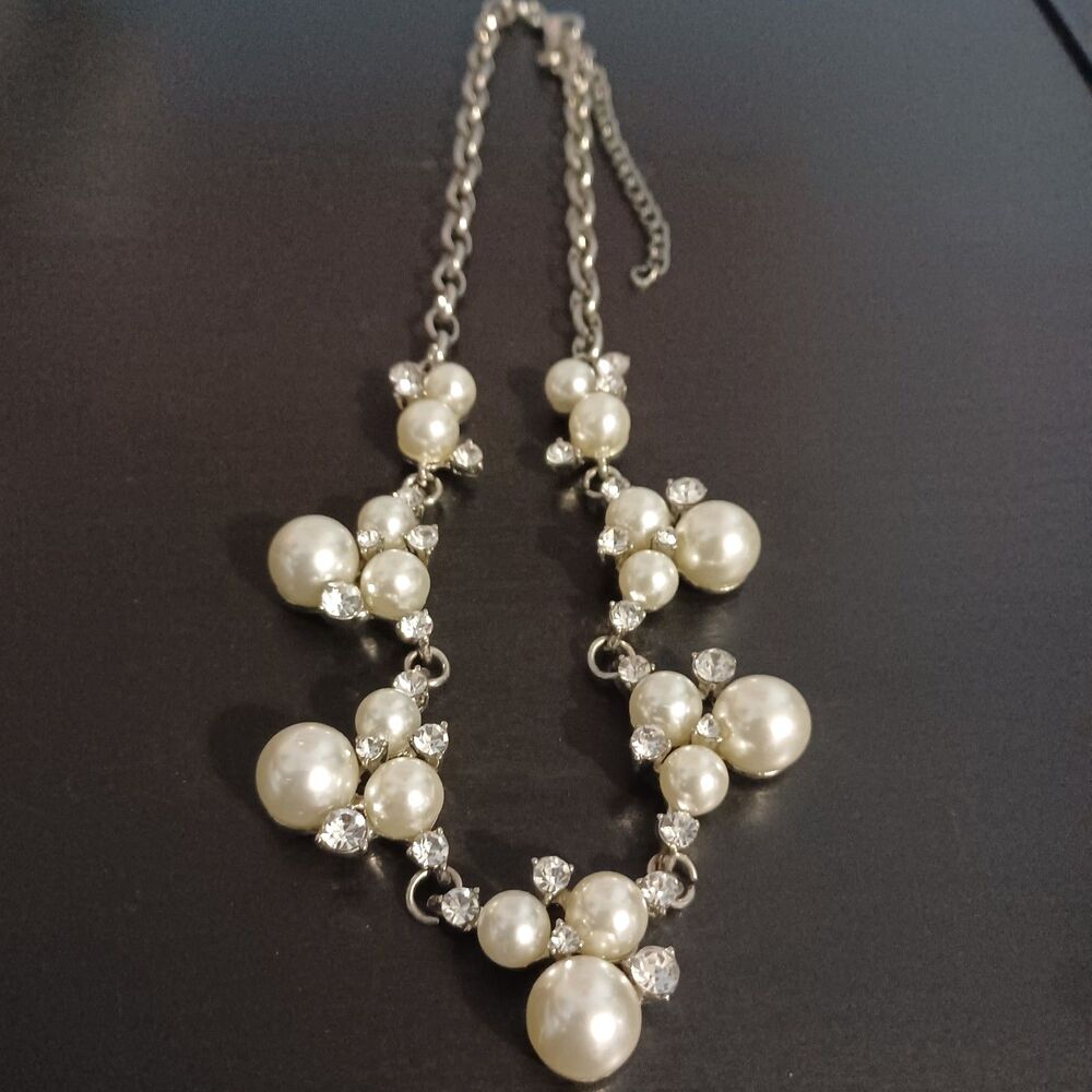 Elegant Pearl & Crystal Statement Necklace, 16” - Picture 2 of 3